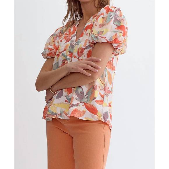 NEW ENTRO floral print bubble sleeve blouse in peaches and cream - Picture 4 of 5